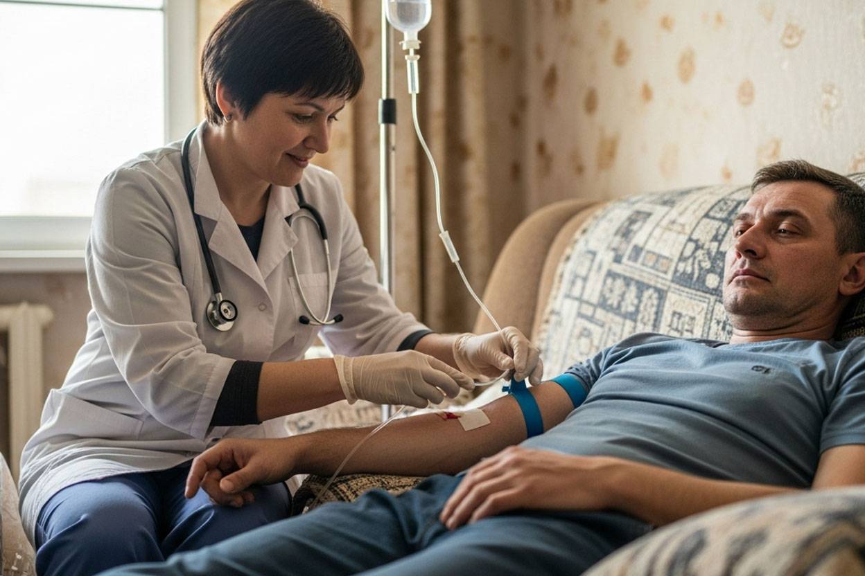 Врач ставит капельницу пациенту на дому